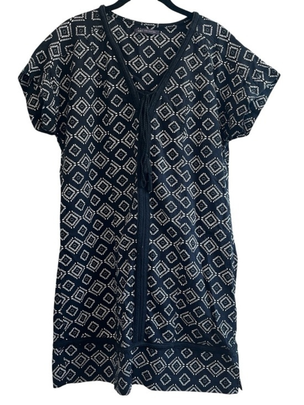 M&S Linen Blend Shift Dress UK 12 US 8 Black White Print Lace Trim Resort